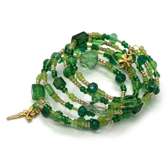 Bracelet Memory Wire Green Tones Fairy 4 Leaf Clover Charms OS - Picture 2 of 2